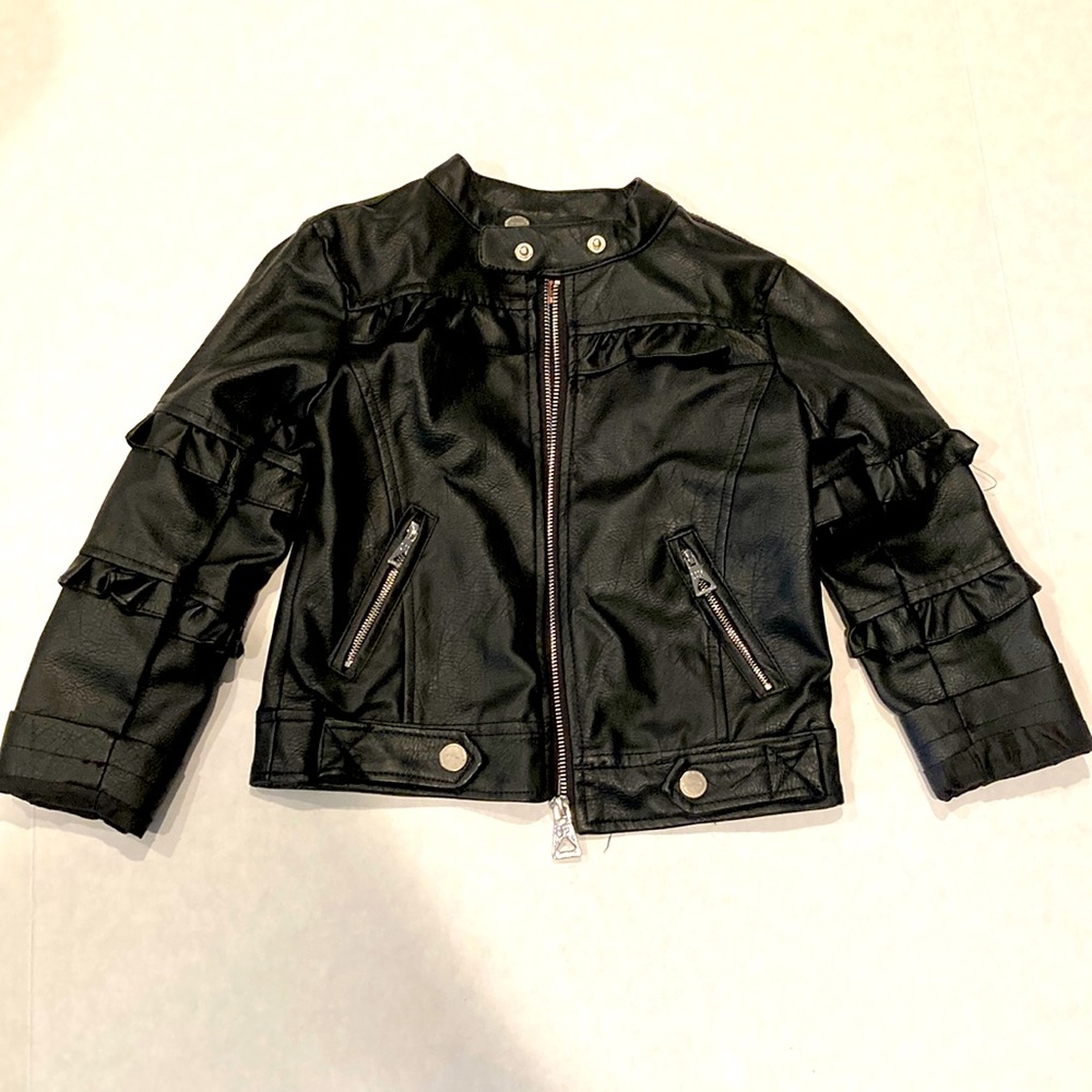 Urban republic girls black leather bomber jacket with ruffle details!